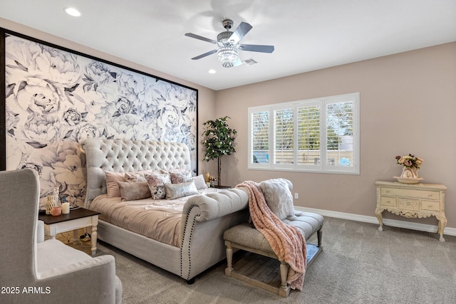 bedroom with light carpet and ceiling fan