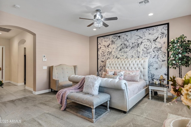 carpeted bedroom with ceiling fan