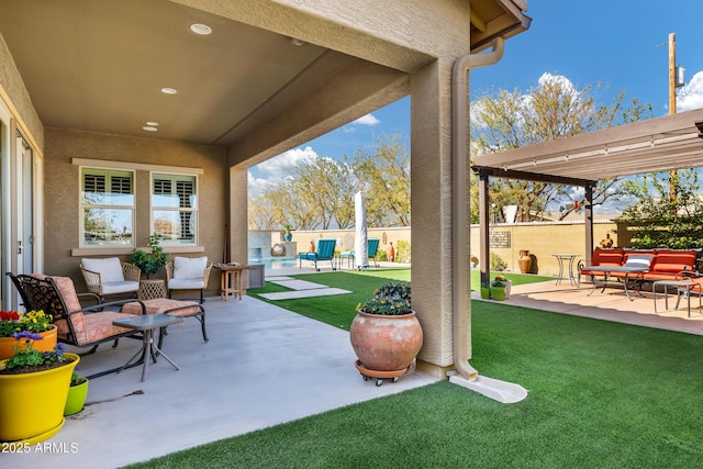 view of patio / terrace with an outdoor hangout area and a pergola