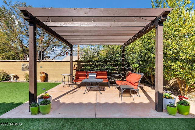 view of patio / terrace with an outdoor hangout area and a pergola