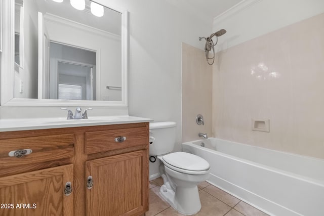 full bathroom with crown molding, shower / bath combination, toilet, and tile patterned floors