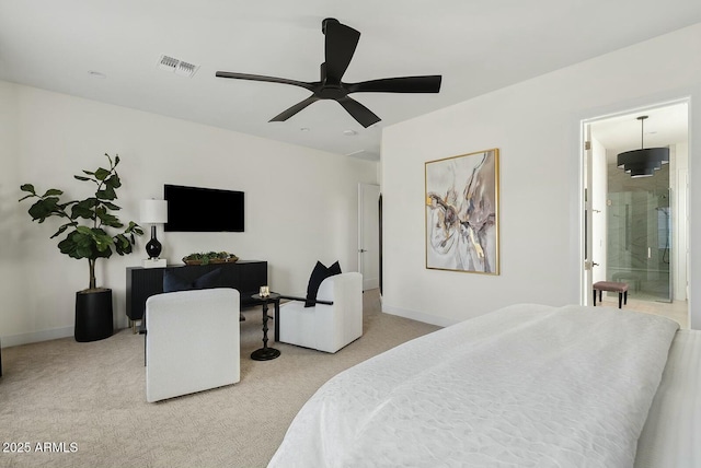 20475 E Indiana Ave, Queen Creek, AZ 85142 - bedroom with carpet, baseboards, ceiling fan, and connected bathroom
