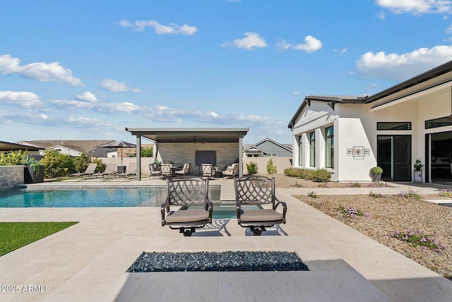 20475 E Indiana Ave, Queen Creek, AZ 85142 - view of swimming pool with a fire pit, a patio area, and a fenced backyard