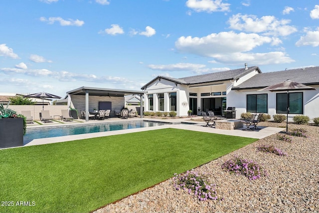 20475 E Indiana Ave, Queen Creek, AZ 85142 - rear view of property with a patio area, an outdoor pool, an outdoor fire pit, and stucco siding