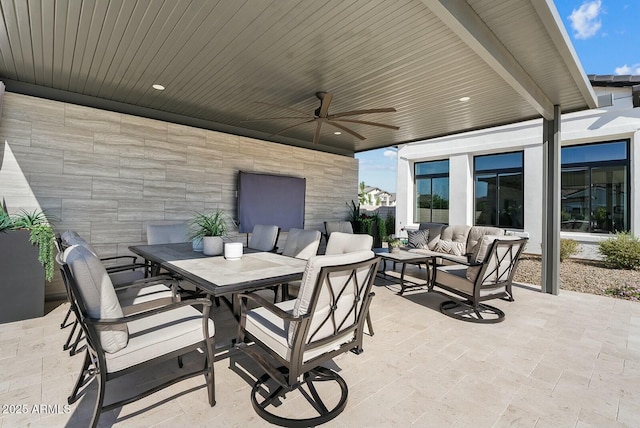 20475 E Indiana Ave, Queen Creek, AZ 85142 - view of patio / terrace featuring an outdoor hangout area, outdoor dining space, and a ceiling fan