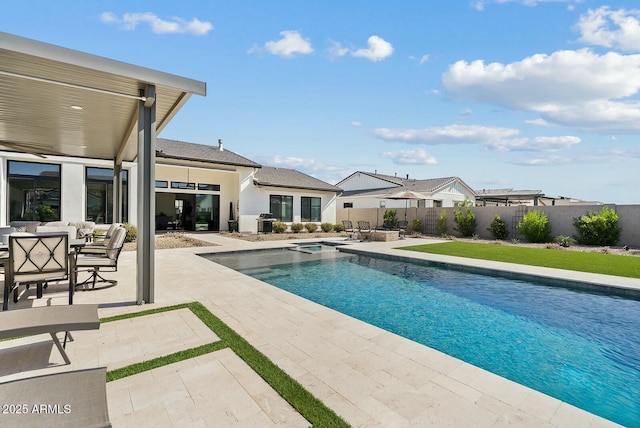 20475 E Indiana Ave, Queen Creek, AZ 85142 - view of swimming pool featuring a patio, area for grilling, and a fenced backyard