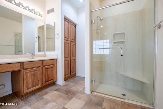 full bath with visible vents, a shower stall, and vanity