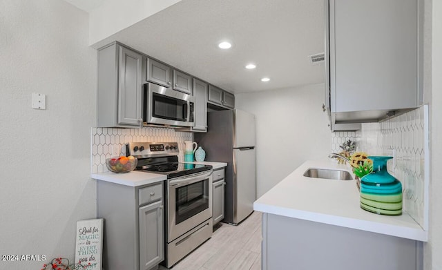 kitchen with visible vents, decorative backsplash, stainless steel appliances, gray cabinetry, and a sink