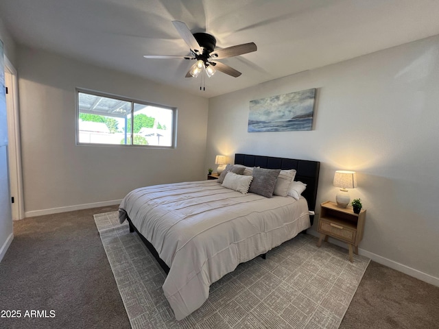 bedroom with ceiling fan and carpet floors