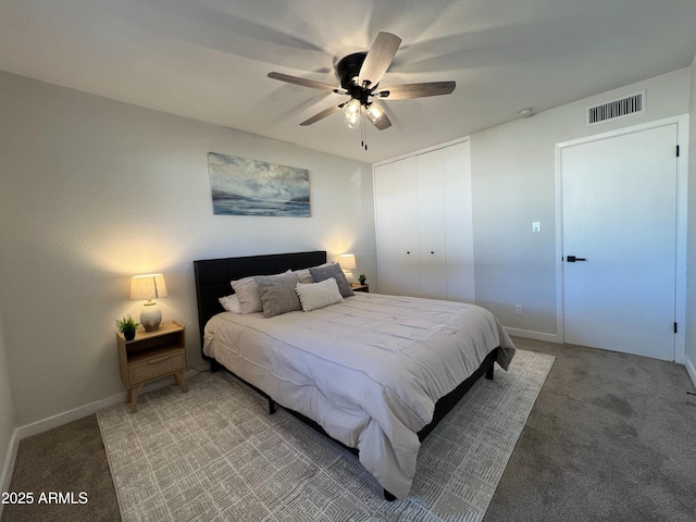 carpeted bedroom featuring ceiling fan and a closet