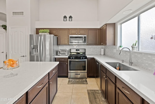 21335 N 64th Ave, Glendale, AZ 85308 - kitchen with light tile patterned floors, backsplash, visible vents, appliances with stainless steel finishes, and a sink