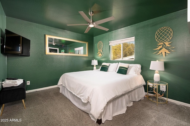 carpeted bedroom featuring ceiling fan