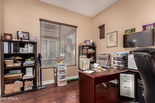 home office with dark wood-type flooring