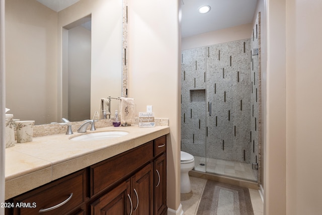 bathroom featuring vanity, toilet, and a shower with shower door