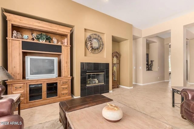 living room with a fireplace