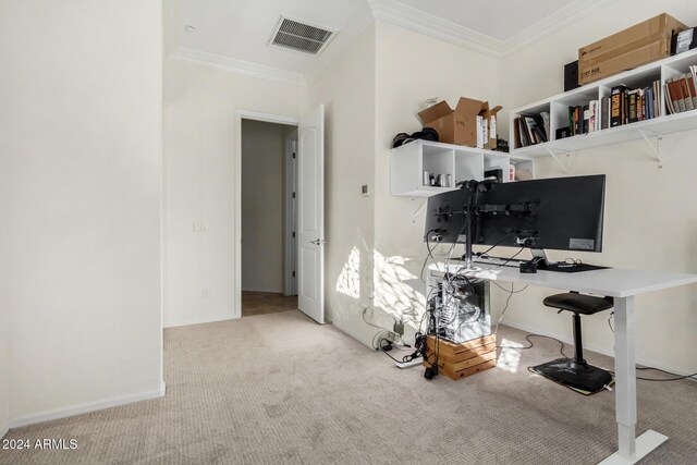 office space featuring ceiling fan and ornamental molding