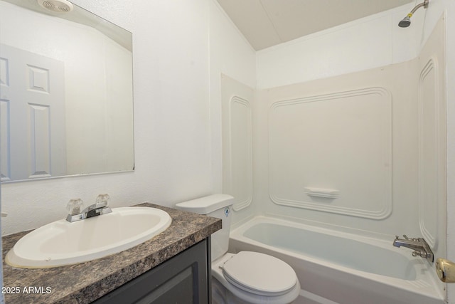 full bathroom featuring toilet,  shower combination, and vanity