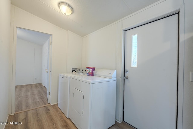 clothes washing area featuring light hardwood / wood-style flooring and washing machine and clothes dryer