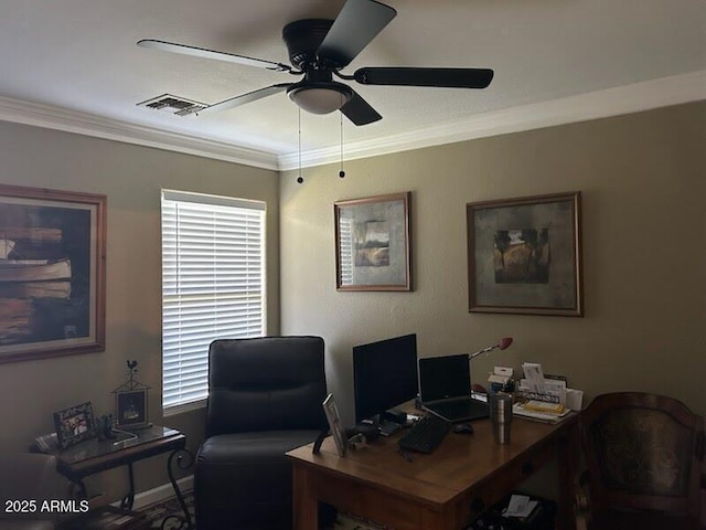 29954 N Broken Shale Dr, San Tan Valley, AZ 85143 - office area featuring ceiling fan and ornamental molding