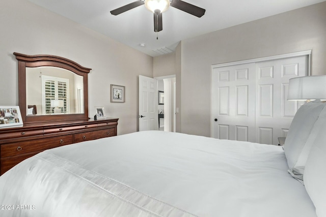 bedroom with ceiling fan and a closet