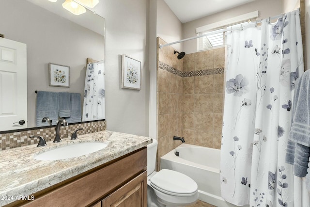 full bathroom featuring vanity, toilet, shower / bathtub combination with curtain, and backsplash