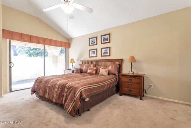 carpeted bedroom featuring ceiling fan, access to exterior, and lofted ceiling