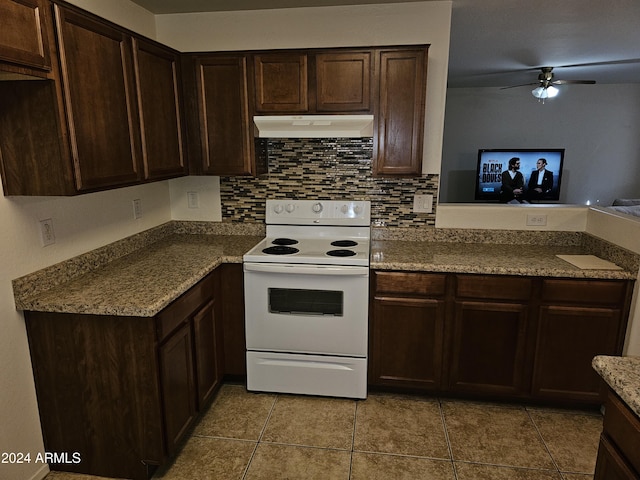 kitchen with white range with electric stovetop, dark brown cabinetry, ceiling fan, and tile patterned flooring