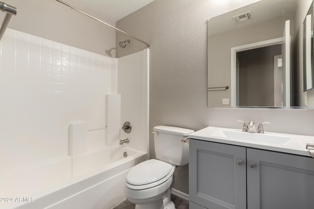 full bathroom featuring a textured wall, shower / tub combination, toilet, vanity, and visible vents