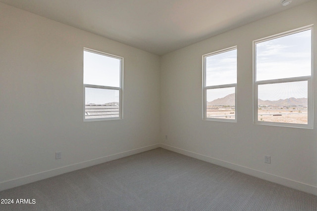 unfurnished room featuring a mountain view, plenty of natural light, and carpet