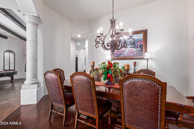 dining room featuring dark hardwood / wood-style floors, pool table, and decorative columns