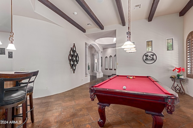 recreation room featuring beam ceiling, billiards, and decorative columns