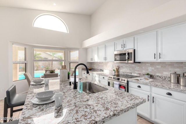 kitchen featuring light stone counters, a sink, stainless steel appliances, white cabinetry, and tasteful backsplash