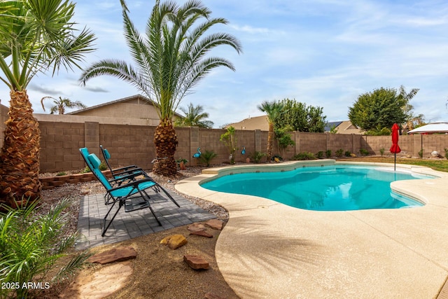 view of swimming pool with a fenced in pool, a fenced backyard, and a patio area