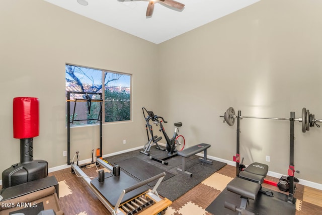 workout area featuring dark hardwood / wood-style flooring and ceiling fan