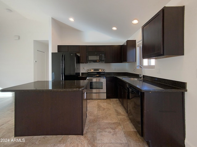 kitchen featuring dark brown cabinets, dark stone countertops, sink, black appliances, and a center island