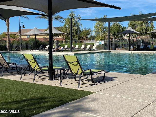 view of pool with a patio area and a lawn