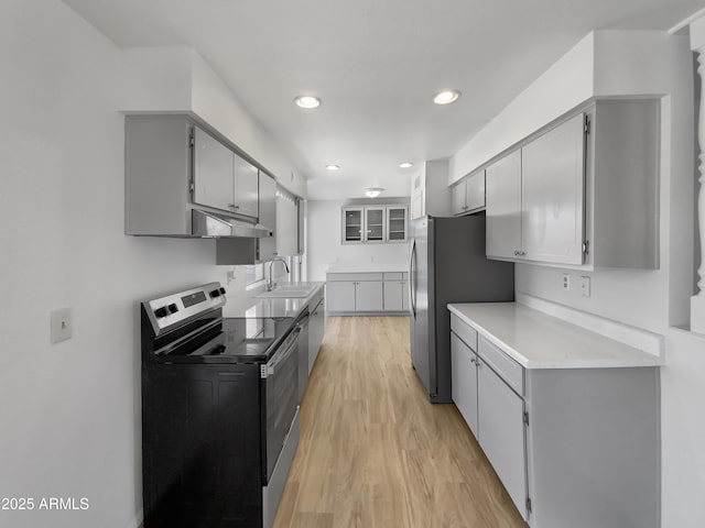 kitchen with light wood-type flooring, gray cabinetry, a sink, under cabinet range hood, and appliances with stainless steel finishes