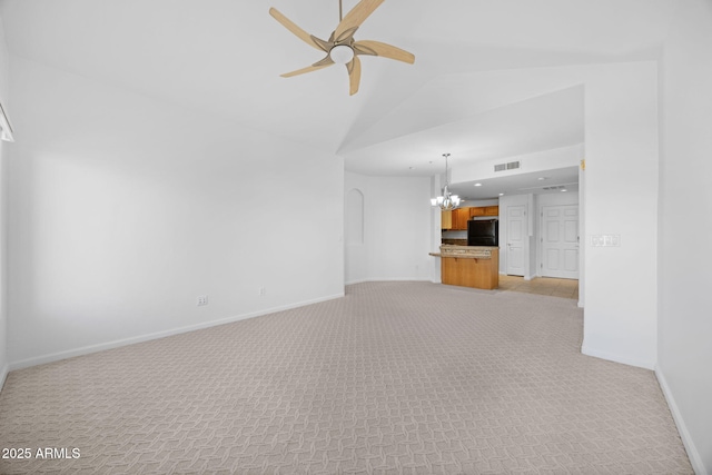 14000 N 94th St Unit 3198, Scottsdale, AZ 85260 - unfurnished living room featuring a chandelier, ceiling fan, vaulted ceiling, light colored carpet, and recessed lighting