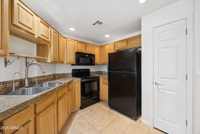 14000 N 94th St Unit 3198, Scottsdale, AZ 85260 - kitchen with black appliances, open shelves, light tile patterned floors, recessed lighting, and dark countertops
