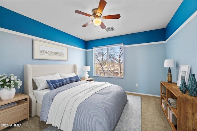 bedroom with ceiling fan and carpet