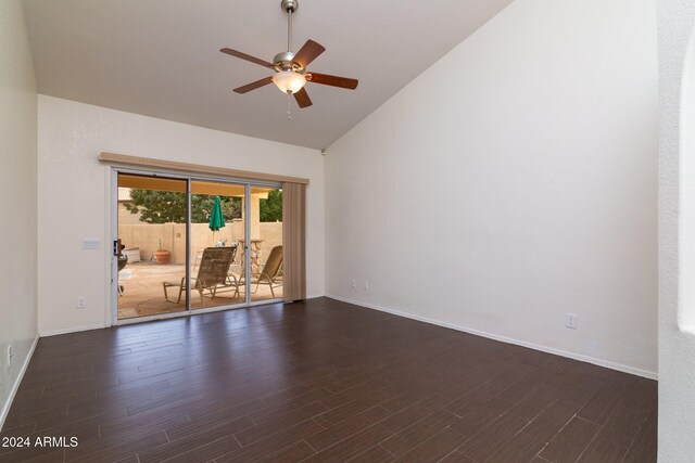 unfurnished room with dark hardwood / wood-style flooring, high vaulted ceiling, and ceiling fan