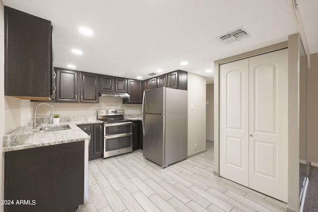 kitchen featuring appliances with stainless steel finishes, sink, dark brown cabinetry, light stone countertops, and light wood-type flooring