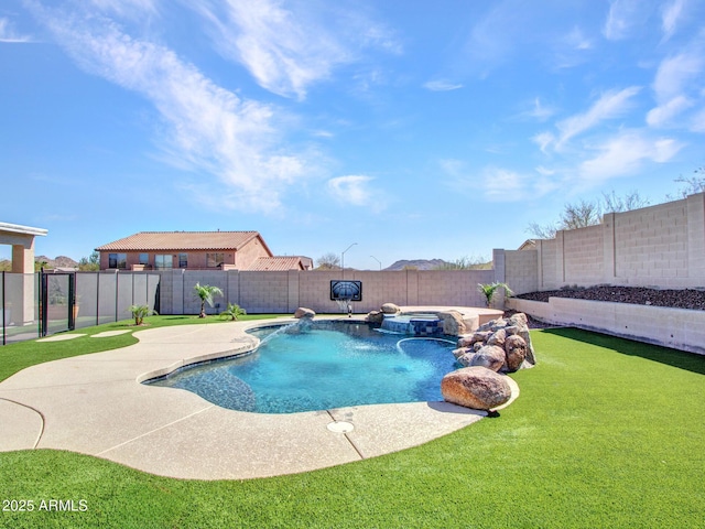 view of swimming pool with a patio area, a fenced backyard, a pool with connected hot tub, and a lawn