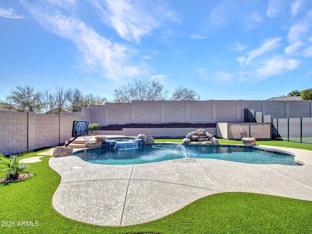 view of pool with a fenced backyard, a pool with connected hot tub, a patio, and a yard