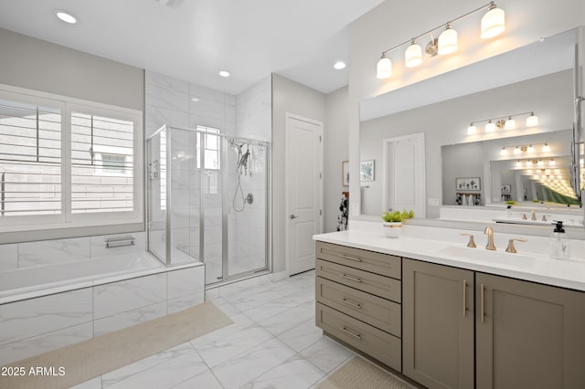 bathroom featuring a bath, a stall shower, vanity, marble finish floor, and recessed lighting