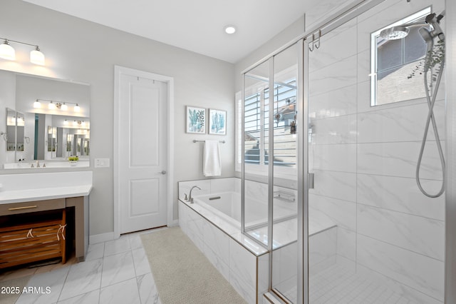 bathroom with vanity, marble finish floor, recessed lighting, a garden tub, and a stall shower