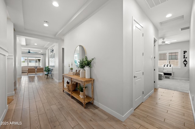 corridor featuring a healthy amount of sunlight, a raised ceiling, and light wood finished floors