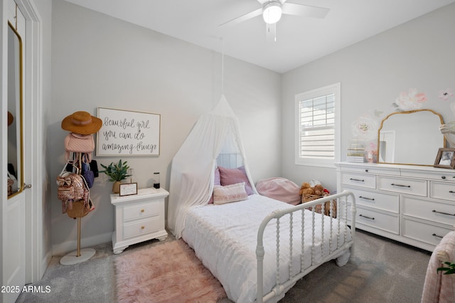 bedroom featuring carpet floors, ceiling fan, and baseboards