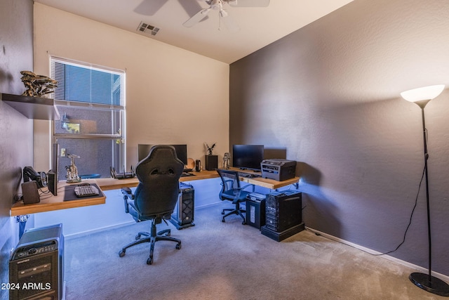 home office with carpet flooring and ceiling fan