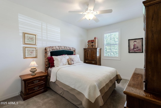 carpeted bedroom with baseboards and a ceiling fan